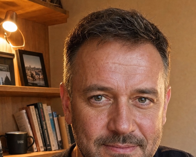 Марк Северин в тёмном свитере на фоне книжных полок